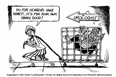 Cartoon Showing Woman Dragging Protesting Man To Urologist