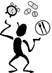 drawing of man juggling time, drugs and food