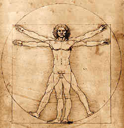 leonardo da vinci's vetruvia, drawing of a man in a circle and a square 