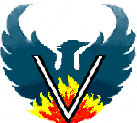 drawing of the mythical phoenix bird rising from flames with the letter V imposed over it