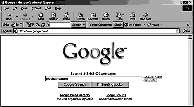 screen save of google home page with words prostate cancer written in the search box