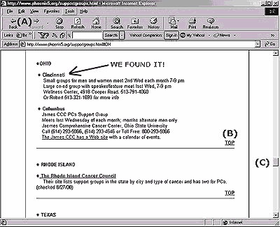 screen save of portion of support groups page with cincinnati group listed
