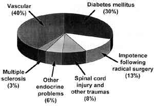 pie chart showing statistics: Vascular 40% Diabetes melitus 30% Radical surgery 13% Spinal cord injury and other traumas 8% Other endocrine problems 6% Multiple sclerosis 3%